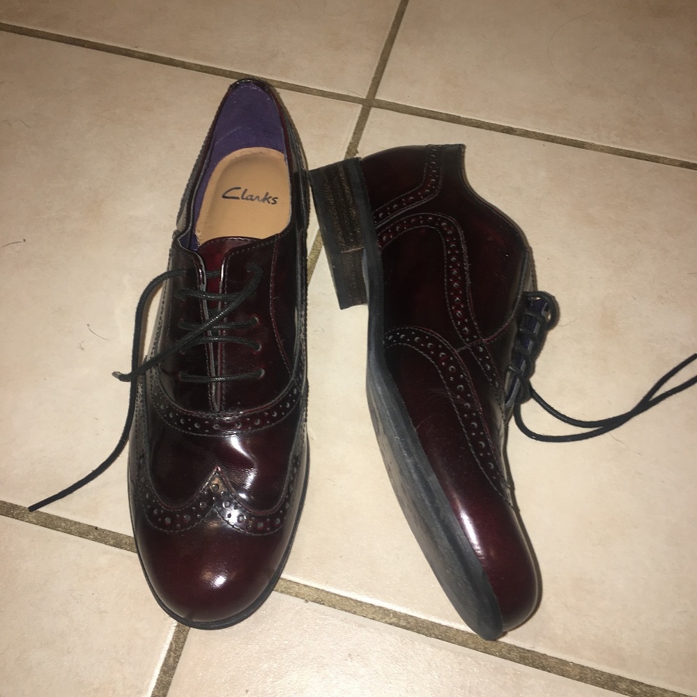 Clarks Patent Leather Burgundy Oxfords